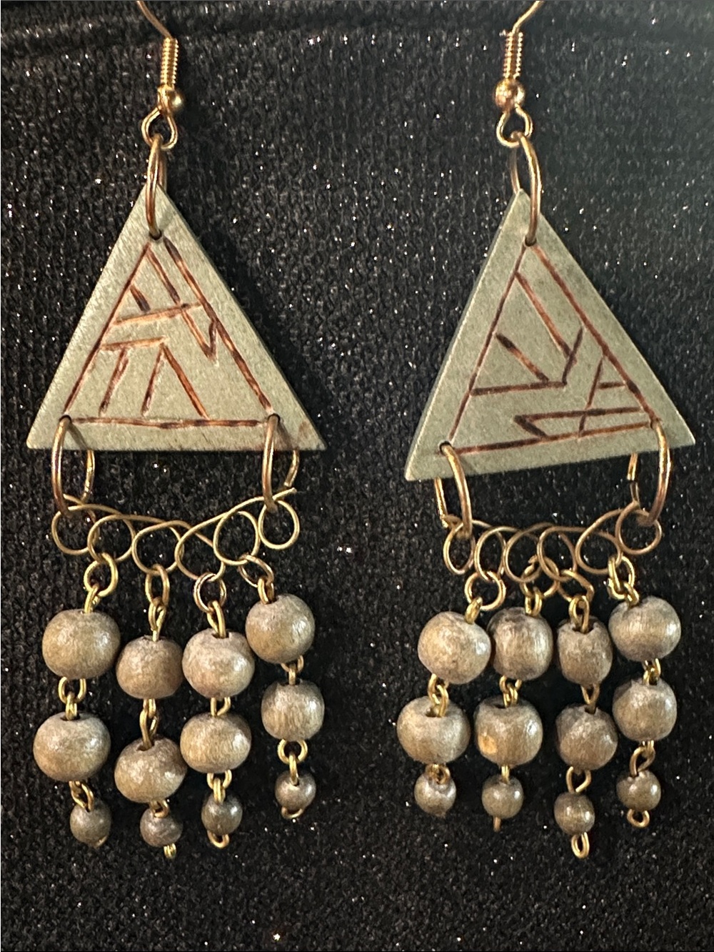 3pack Handmade Brown, Tan & Green/Gray Triangle Dangle Earrings w/ Bead Fringe